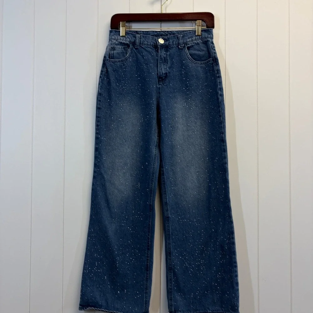 Justice Y2K Sparkle Wide Leg Denim Jeans Girls Size 14 School Embellished Grunge
